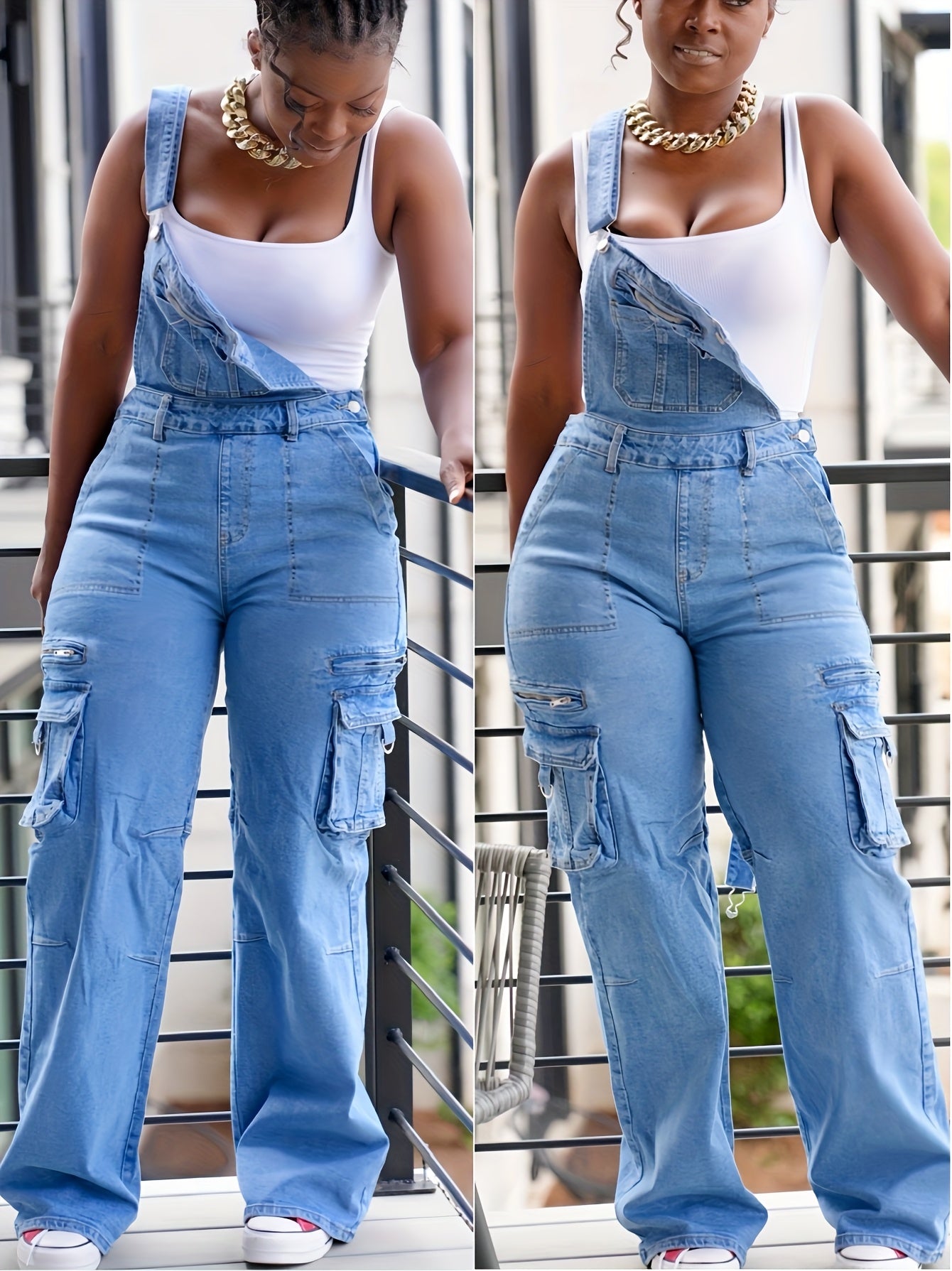 Women's Relaxed Loose Fit Denim Overalls - Street Style Cargo Jumpsuit with Utility Pockets, Long Sleeveless Wide-Leg Design, All-Season Casual Wear